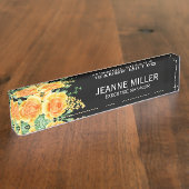 Elegant Yellow Oranje Roos Flowers Manager Black Naambordje (Zijkant)