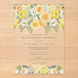Elegant Yellow Peach & Sage Green Floral Wedding Acryl Uitnodigingen