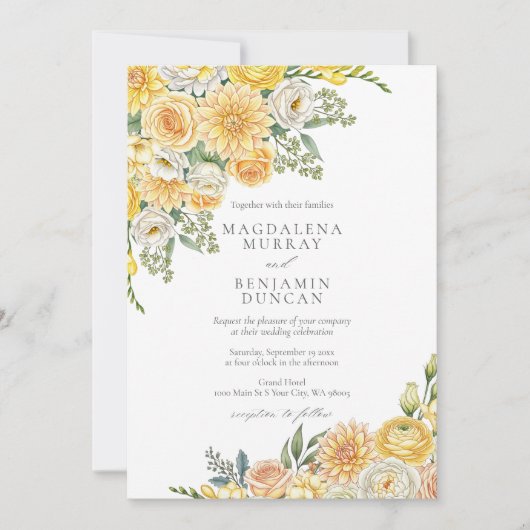 Elegant Yellow Peach & Sage Green Floral Wedding Kaart (Voorkant)