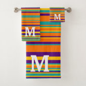 Elegant yellow purple and orang stripes monogram bad handdoek (Insitu)