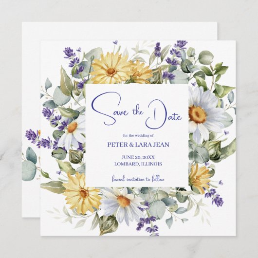 Elegant Yellow Purple Wildflower Wedding Save The Date (Voorkant / Achterkant)