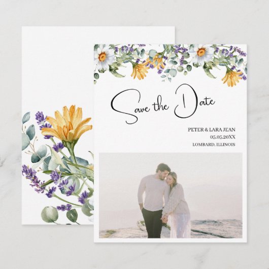 Elegant Yellow Purple Wildflower Wedding Save The Date (Voorkant / Achterkant)