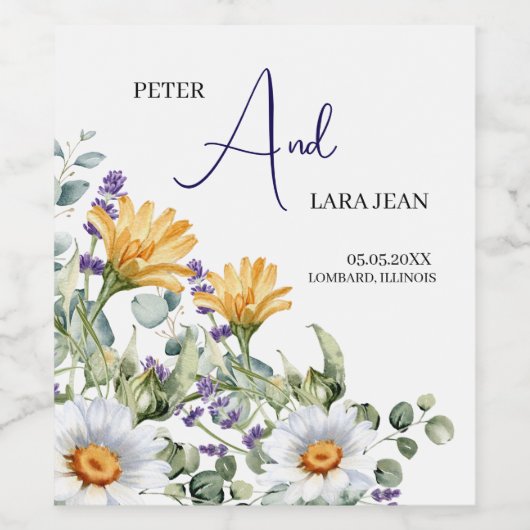 Elegant Yellow Purple Wildflower Wedding Wijn Etiket (Enkel label)