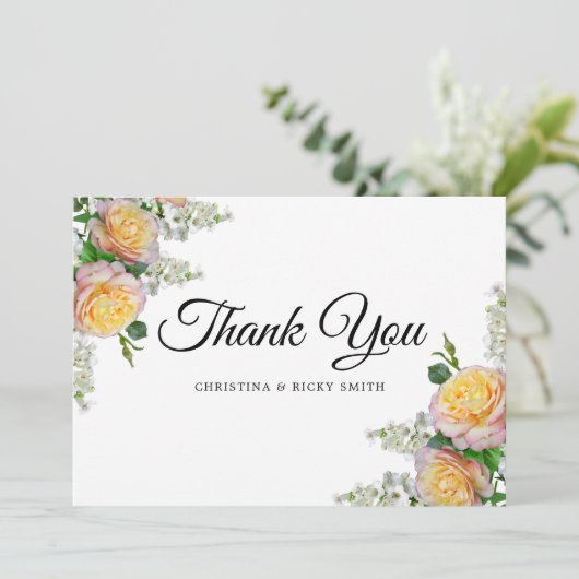 Elegant Yellow Rose Bouquet Flowers Wedding Bedankkaart (Staand voorkant)