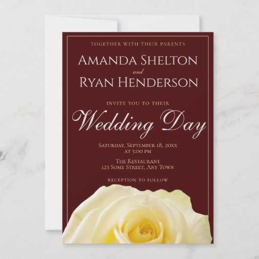 Elegant Yellow Rose Burgundy Floral Wedding Kaart (Voorkant)
