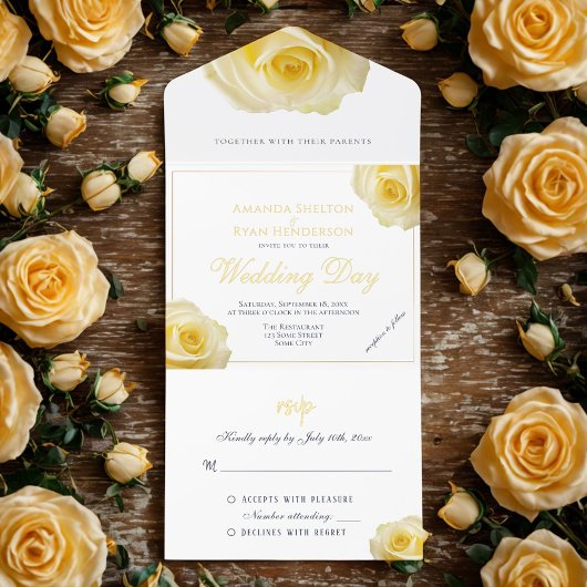 Elegant Yellow Rose Floral Wedding All In One Uitnodiging