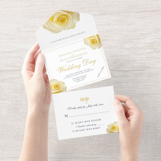 Elegant Yellow Rose Floral Wedding All In One Uitnodiging (Uittrekbaar)