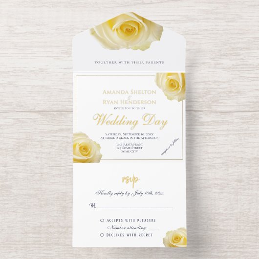 Elegant Yellow Rose Floral Wedding All In One Uitnodiging (Binnenkant)