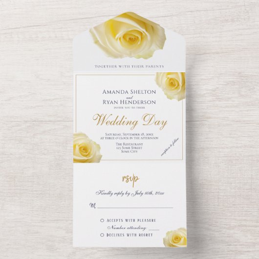 Elegant Yellow Rose Floral Wedding All In One Uitnodiging (Binnen)