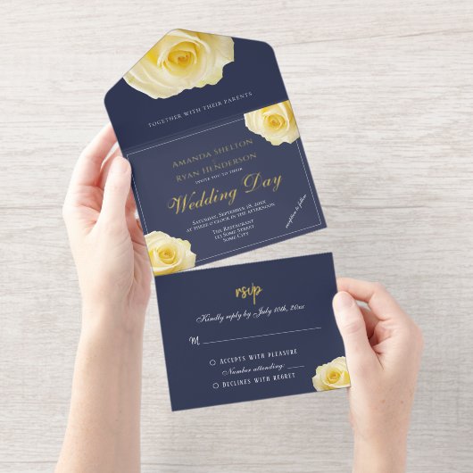 Elegant Yellow Rose Floral Wedding All In One Uitnodiging (Uittrekbaar)