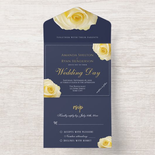Elegant Yellow Rose Floral Wedding All In One Uitnodiging (Binnenkant)