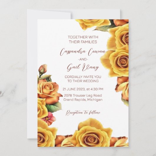 Elegant Yellow Rose Wedding Invitation Kaart (Voorkant)