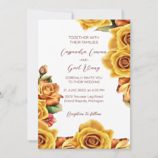 Elegant Yellow Rose Wedding Invitation Kaart