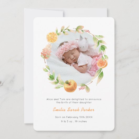 Elegant Yellow Rose WreatFloral Foto Birth Aankondiging (Voorkant)