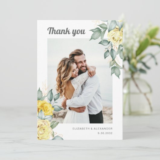 Elegant yellow roses floral greenery trouwfoto bedankkaart (Staand voorkant)