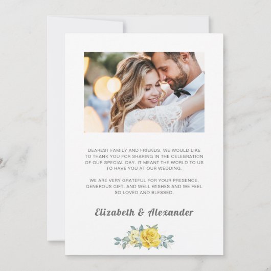 Elegant yellow roses floral greenery trouwfoto bedankkaart (Achterkant)
