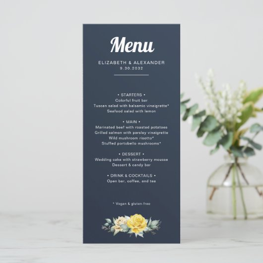 Elegant yellow roses waterverf marvy blue bruiloft menu (Staand voorkant)