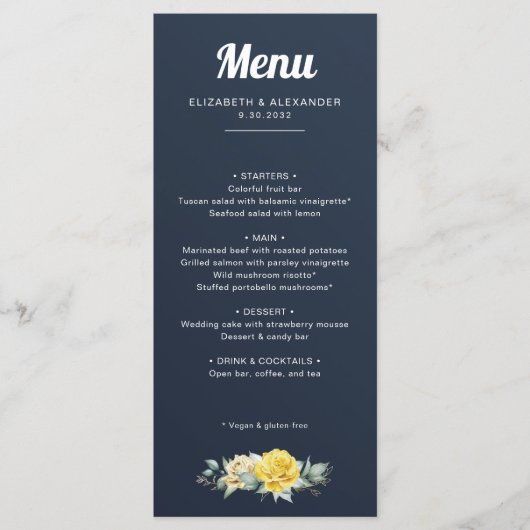 Elegant yellow roses waterverf marvy blue bruiloft menu (Voorkant)