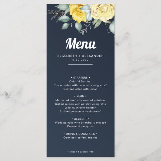 Elegant yellow rozen marine blue waterverf bruilof menu (Voorkant)