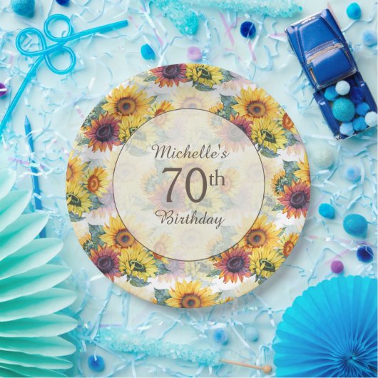 Elegant Yellow Sunflower Greenery 70th Birthday Papieren Bordje (Feest)