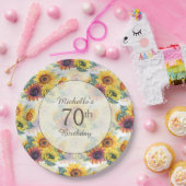 Elegant Yellow Sunflower Greenery 70th Birthday Papieren Bordje (Feest)