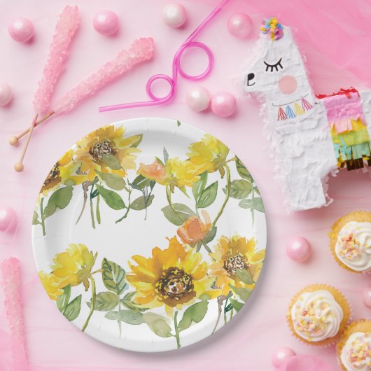 Elegant Yellow Sunflower Sun Bee Baby shower Papieren Bordje (Feest)