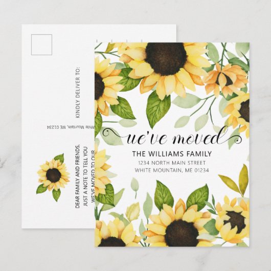Elegant Yellow Sunflower Waterverf Floral Moving Aankondigingskaart (Voorkant / Achterkant)