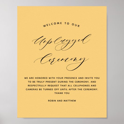 Elegant Yellow Unplugged Ceremony Wedding Sign Poster (Voorkant)