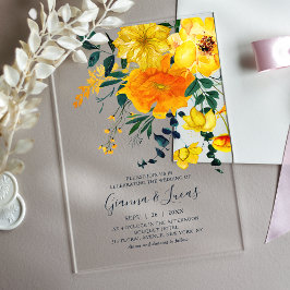 Elegant Yellow Waterverf Botanical Floral Wedding Acryl Uitnodigingen