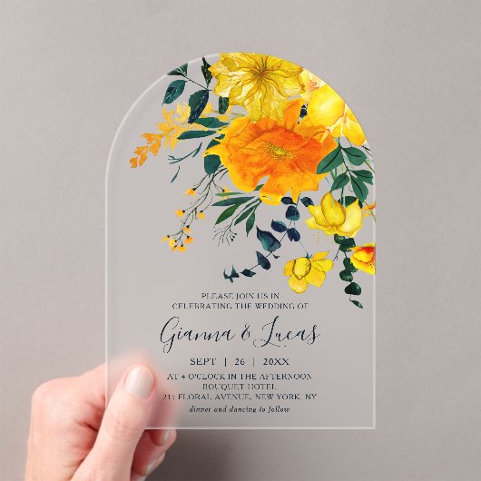 Elegant Yellow Waterverf Botanical Floral Wedding Acryl Uitnodigingen (Insitu (Draagbaar))