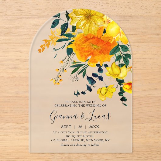 Elegant Yellow Waterverf Botanical Floral Wedding Acryl Uitnodigingen (Voorkant)