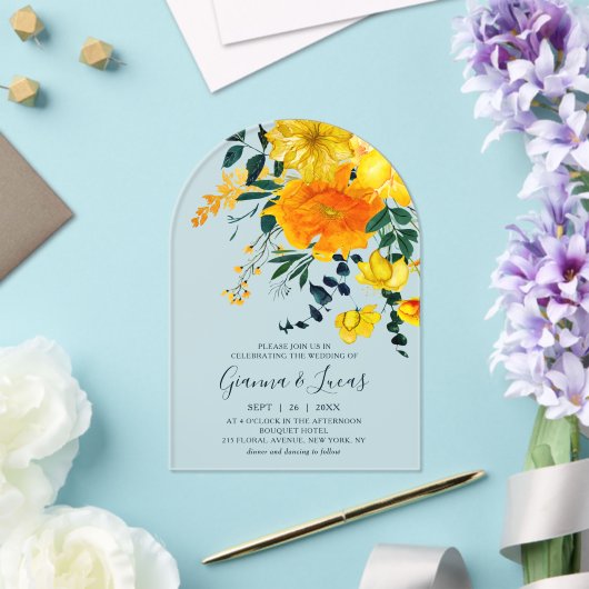 Elegant Yellow Waterverf Botanical Floral Wedding Acryl Uitnodigingen (Insitu (Huwelijk))