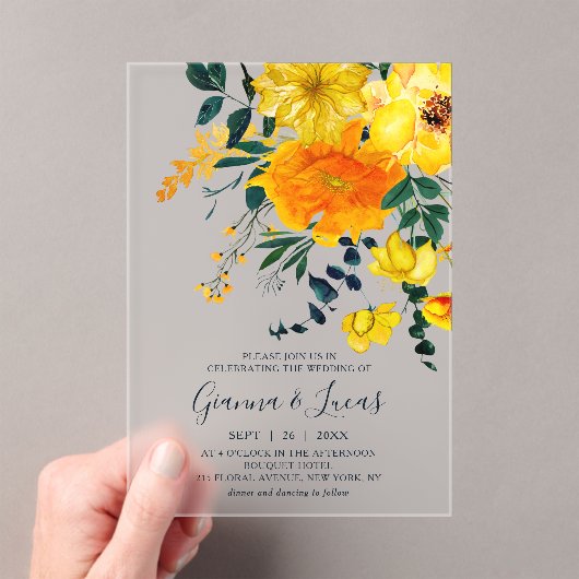 Elegant Yellow Waterverf Botanical Floral Wedding Acryl Uitnodigingen (Insitu (Draagbaar))