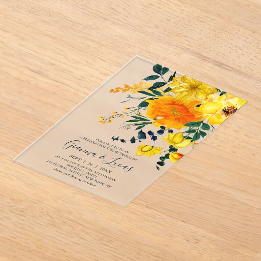 Elegant Yellow Waterverf Botanical Floral Wedding Acryl Uitnodigingen (Laagn)