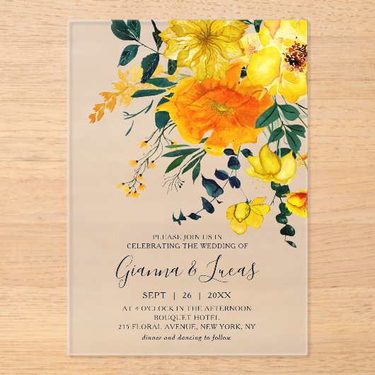 Elegant Yellow Waterverf Botanical Floral Wedding Acryl Uitnodigingen (Voorkant)