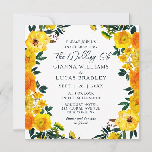 Elegant Yellow Waterverf Botanical Floral Wedding Kaart (Voorkant)