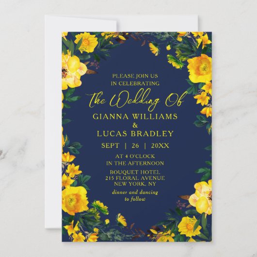 Elegant Yellow Waterverf Botanical Floral Wedding Kaart (Voorkant)