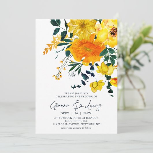 Elegant Yellow Waterverf Botanical Floral Wedding Kaart (Staand voorkant)