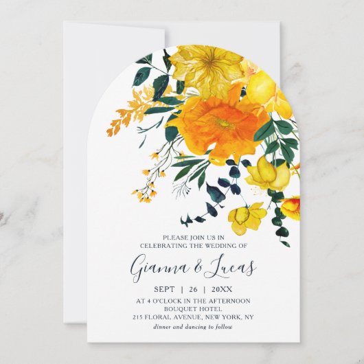 Elegant Yellow Waterverf Botanical Floral Wedding Kaart (Voorkant)