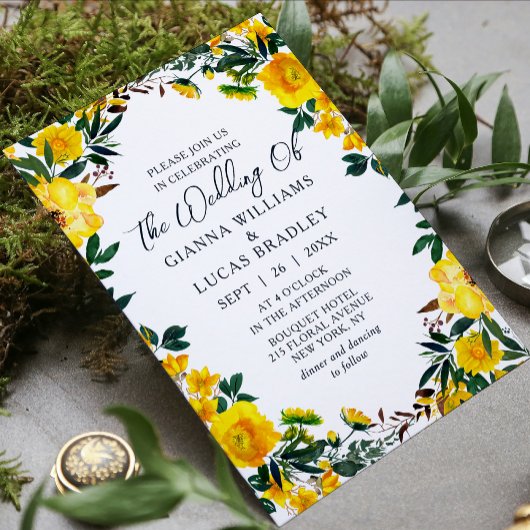Elegant Yellow Waterverf Botanical Floral Wedding Kaart