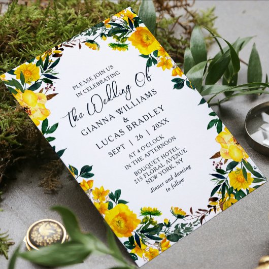 Elegant Yellow Waterverf Botanical Floral Wedding Kaart