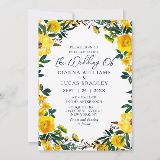 Elegant Yellow Waterverf Botanical Floral Wedding Kaart (Voorkant)