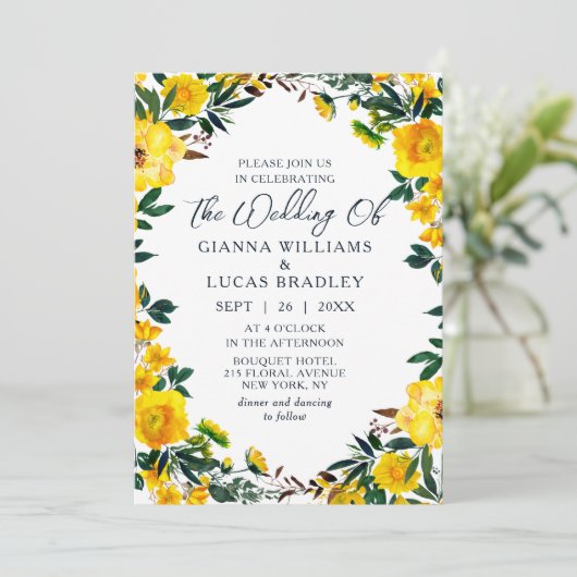 Elegant Yellow Waterverf Botanical Floral Wedding Kaart (Staand voorkant)