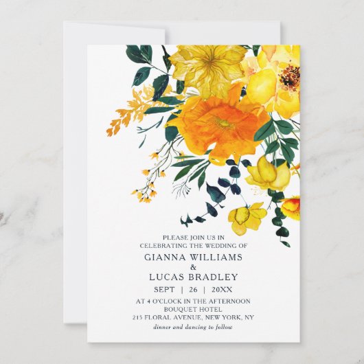 Elegant Yellow Waterverf Botanical Floral Wedding Kaart (Voorkant)