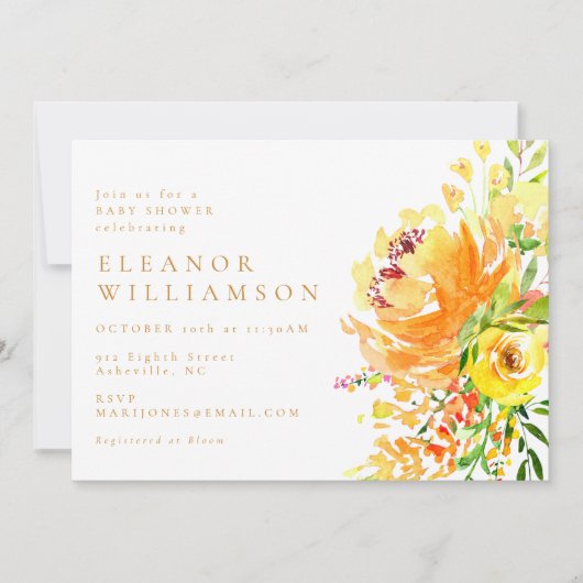 Elegant Yellow Waterverf Floral Baby shower Kaart (Voorkant)