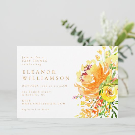 Elegant Yellow Waterverf Floral Baby shower Kaart (Staand voorkant)