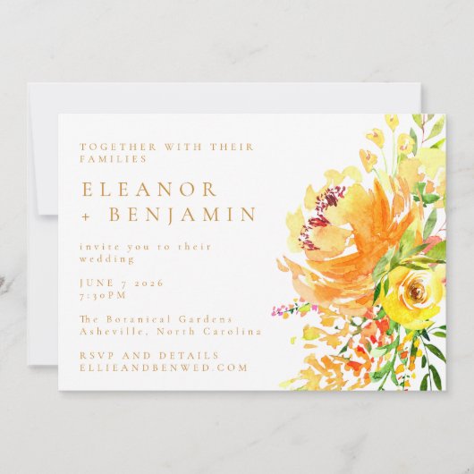 Elegant Yellow Waterverf Floral Stylish Wedding Kaart (Voorkant)
