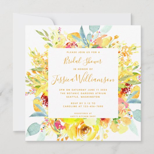 Elegant Yellow Waterverf Floral Vrijgezellenfeest Kaart (Voorkant)