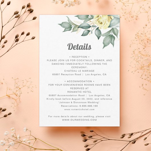 Elegant yellow waterverf rozen trouwgegevens informatiekaartje