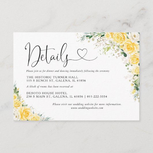 Elegant Yellow Wedding Details Card Informatiekaartje (Voorkant)